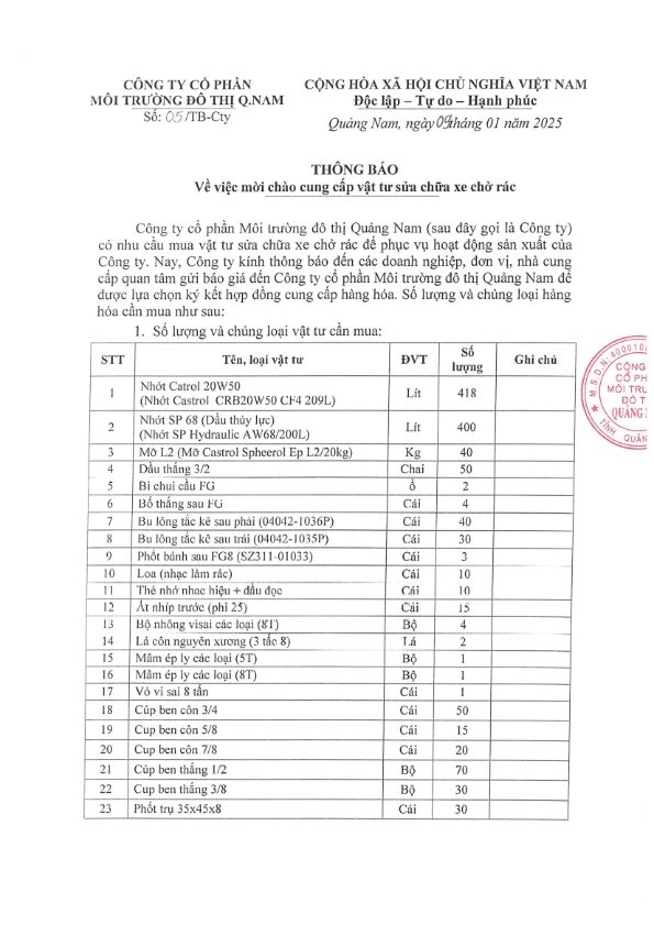 Thông báo mời cung cấp vật tư sửa chữa xe rác